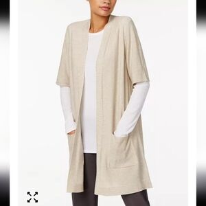 Eileen Fisher Cardigan Duster Large Beige Open Pockets Wool Layer Essential